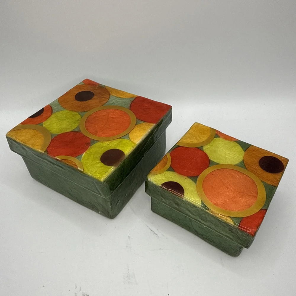 2 Capiz Shell Nesting Painted Lacquered Boxes Geometric Circles Green Orange